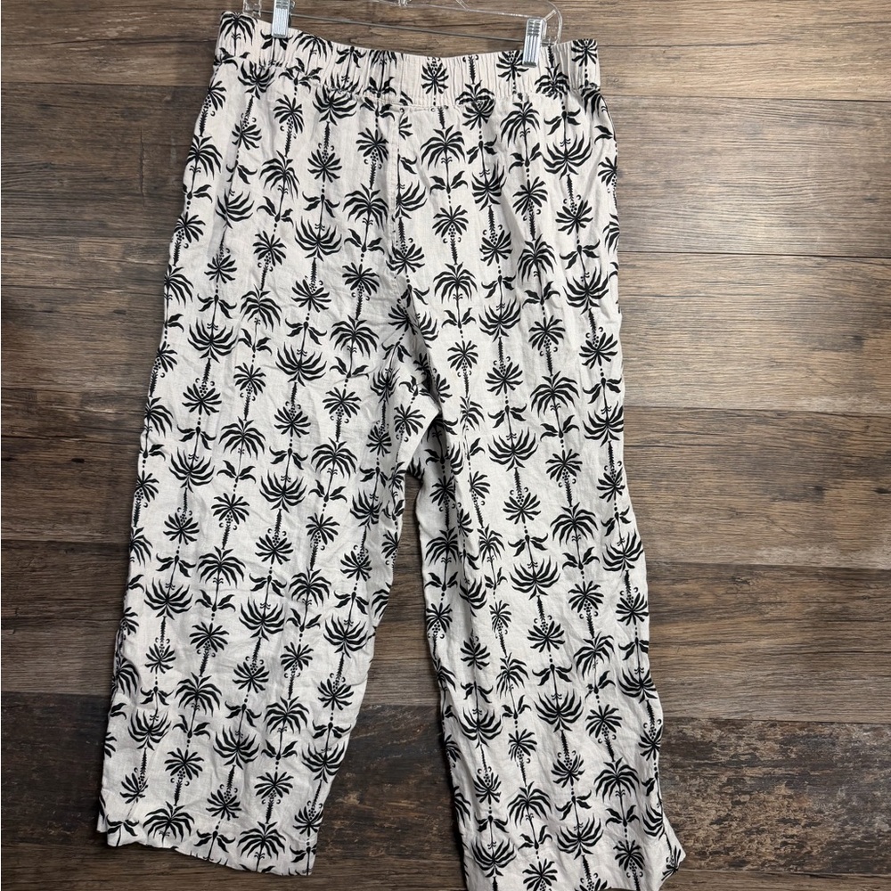 Nicole Miller Black and White Palm Print Pants 100% Linen - Picture 2 of 4